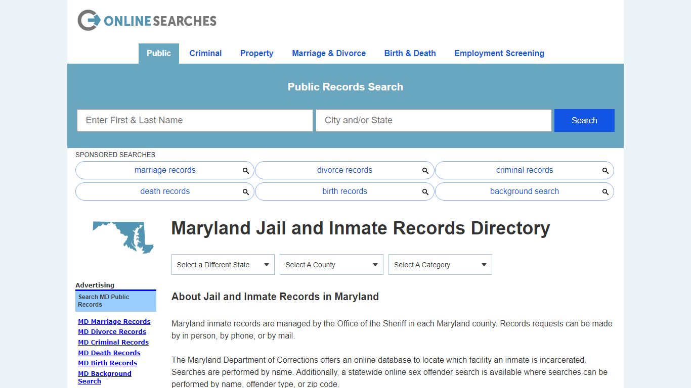 Maryland Jail and Inmate Records Search Directory - OnlineSearches.com